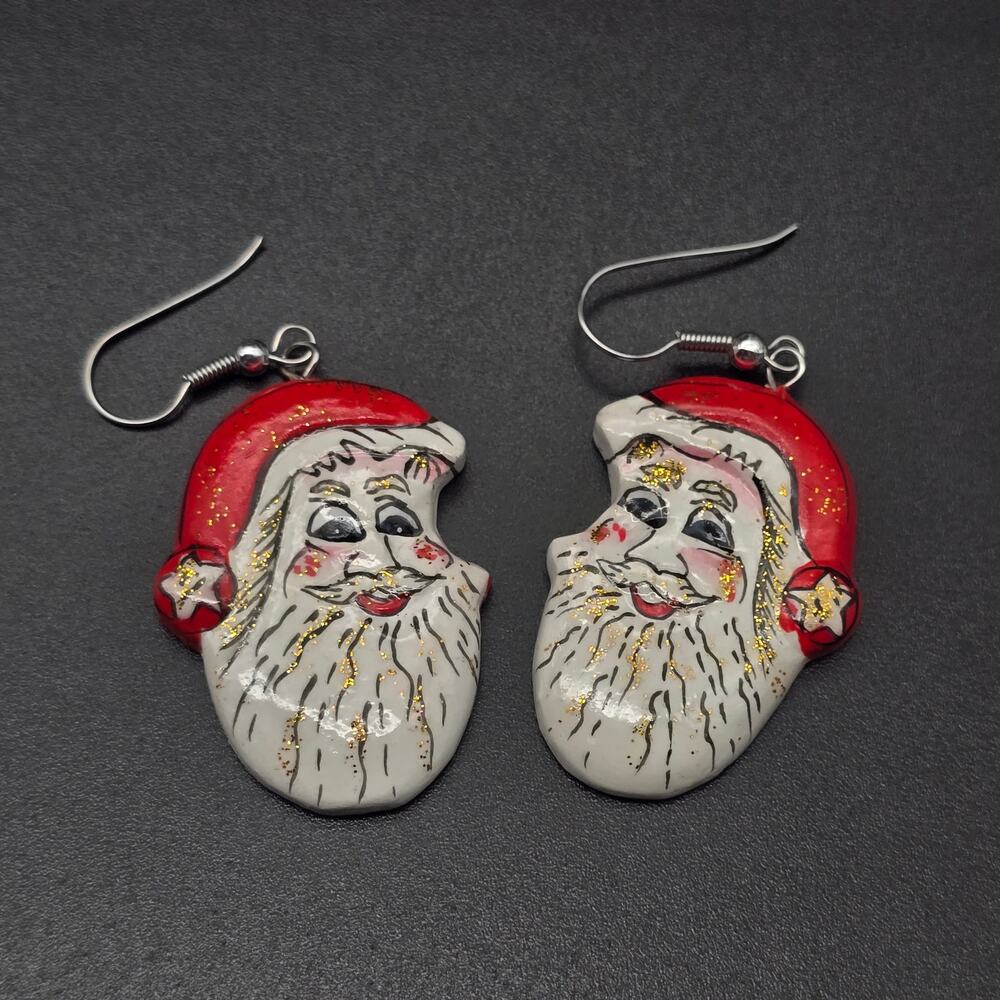 Hand Painted Santa Face Earrings Lightweight Carved Wood Christmas Jewelry